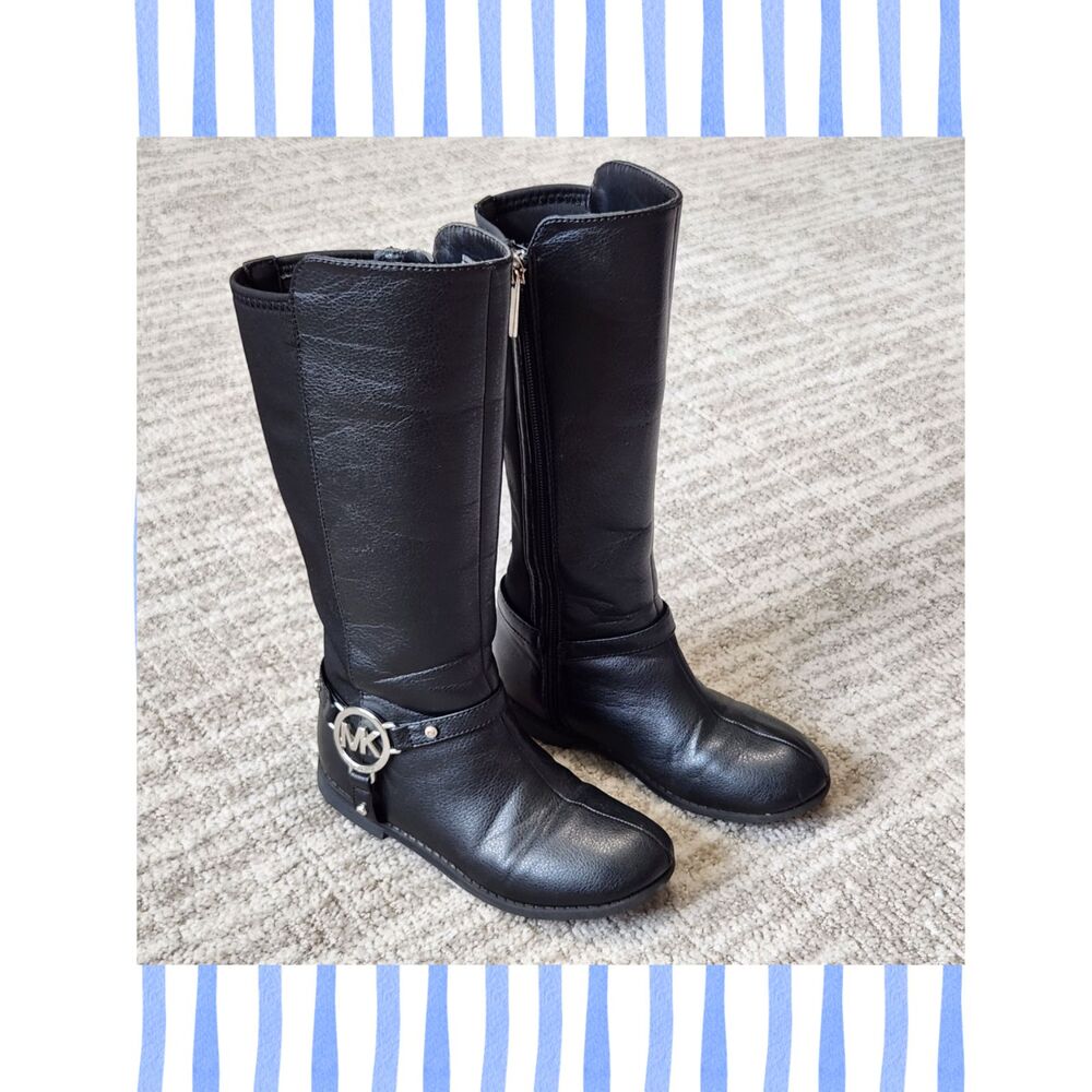 Michael Kors Girls Black Emma Kaya Tall Riding Boots Size 12 MK Logo